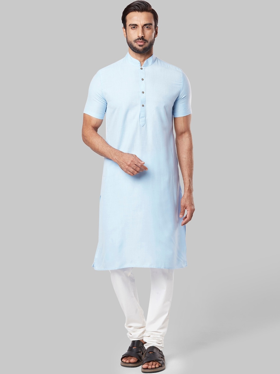 

Ethnix by Raymond Mandarin Collar Short Regular Sleeves Straight Kurta, Blue