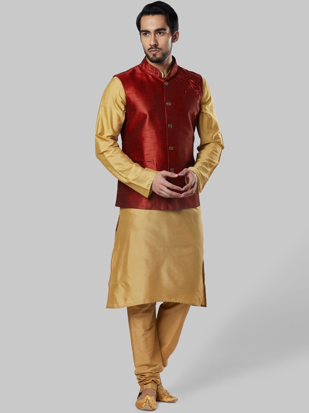 

Ethnix by Raymond Mandarin Collar Sherwani, Khaki