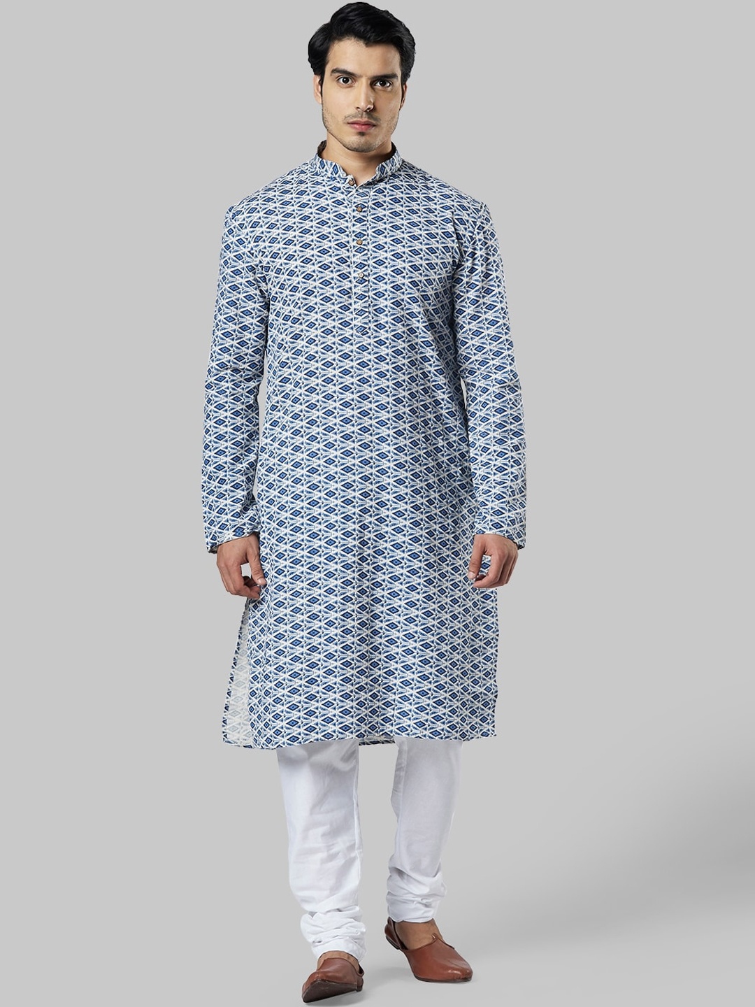 

Ethnix by Raymond Geometric Motifs Printed Mandarin Collar Straight Kurta, Blue