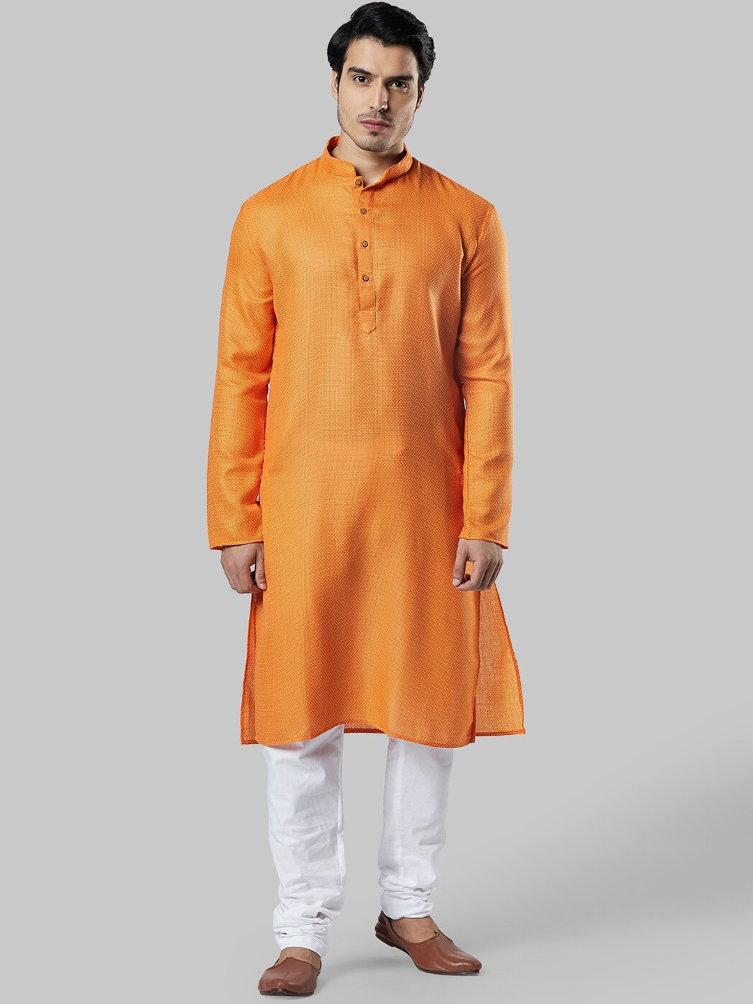 

Ethnix by Raymond Mandarin Collar Woven Design Straight Kurta, Yellow