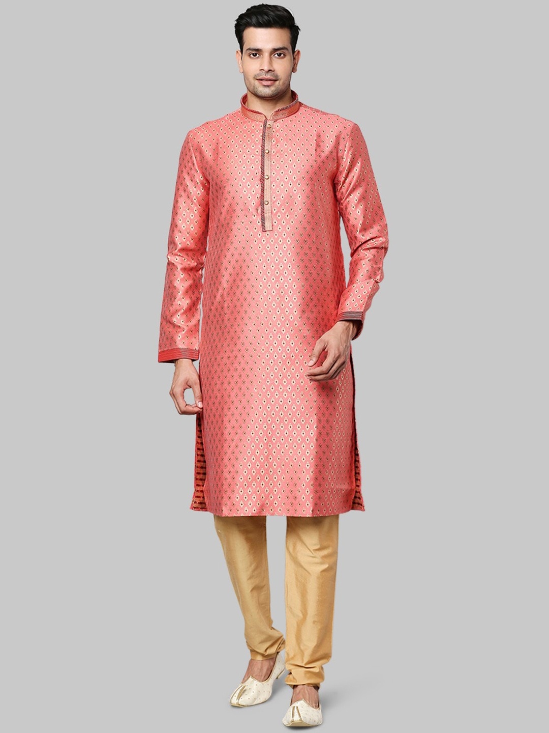 

Ethnix by Raymond Ethnic Motifs Printed Mandarin collar Long Sleeve Straight Kurta, Peach