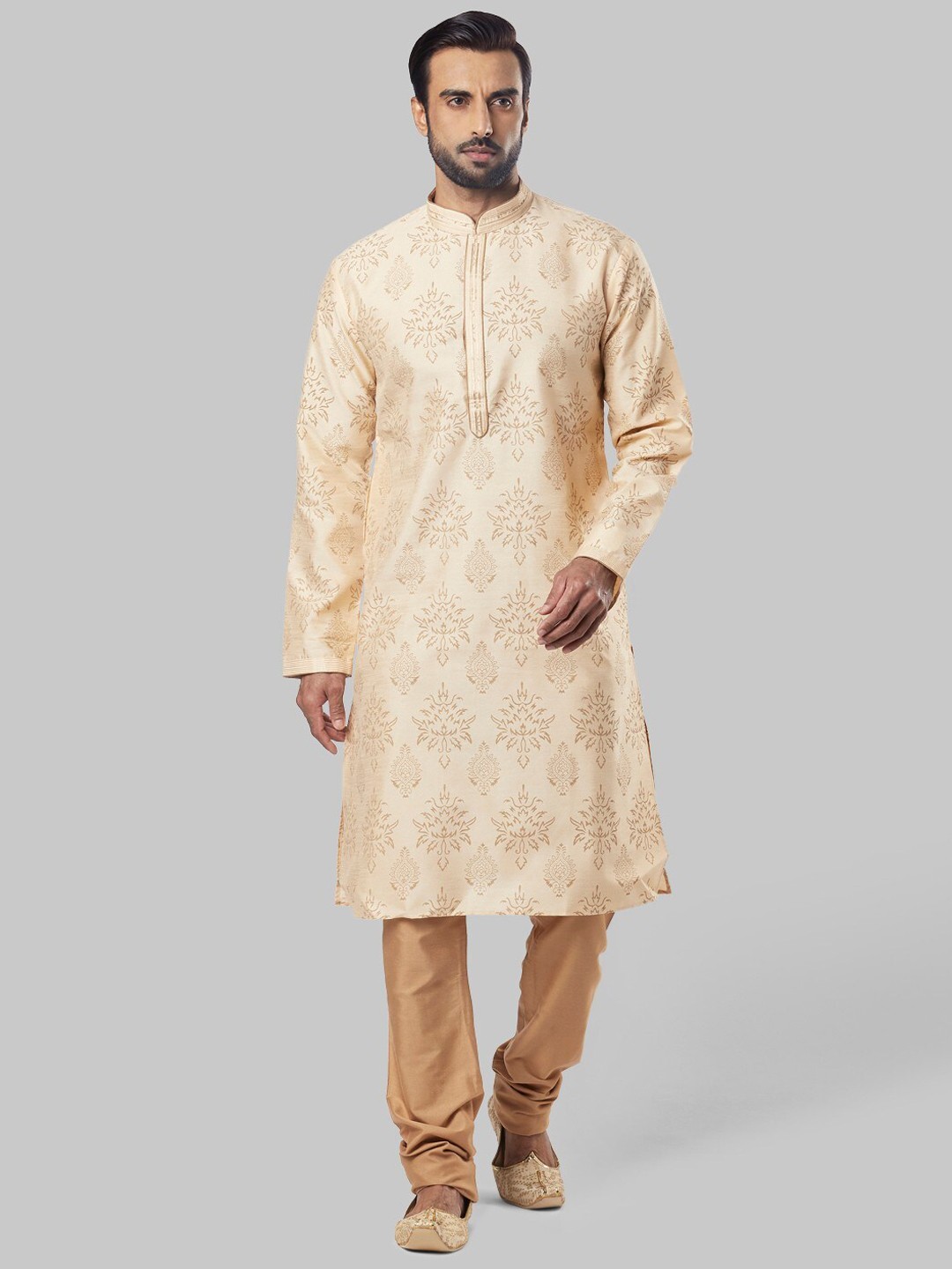 

Ethnix by Raymond Ethnic Motifs Printed Mandarin collar Straight Kurta, Beige