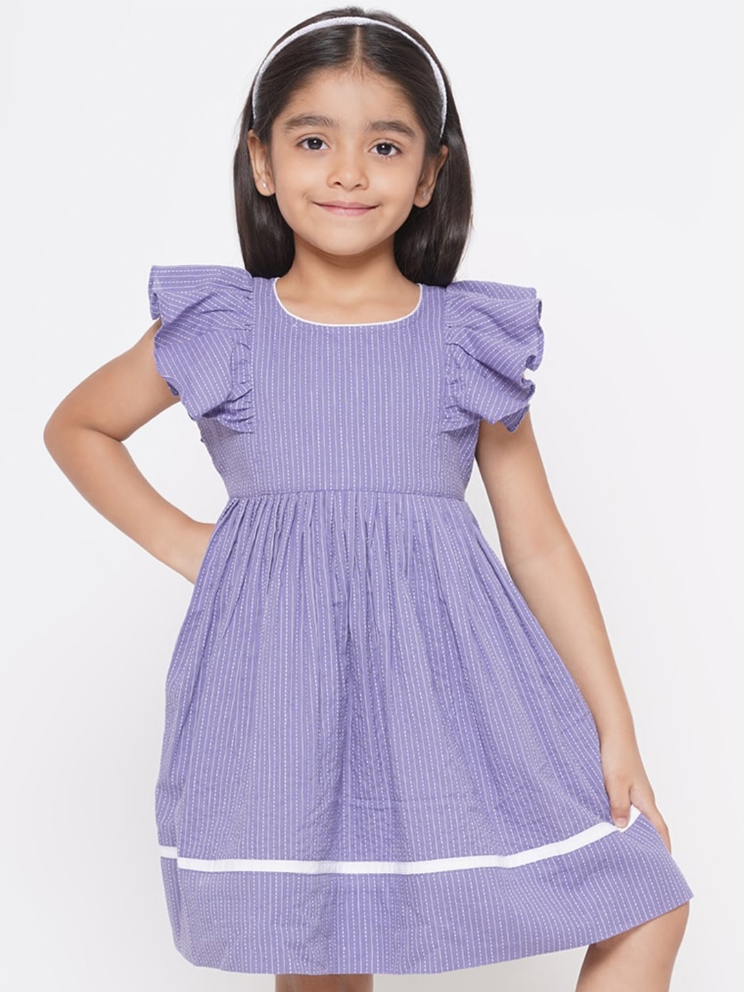 

Little Bansi Girls Striped Flutter Sleeve Tie-Ups Cotton Fit & Flare Dress, Purple