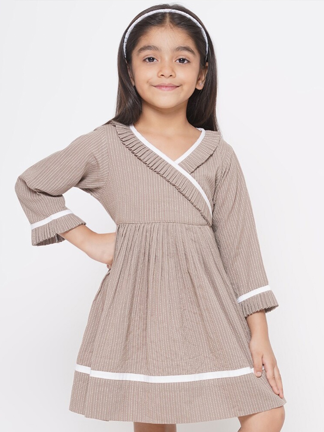 

Little Bansi Girls Striped V-Neck Ruffles detail Cotton Fit & Flare Dress, Camel brown