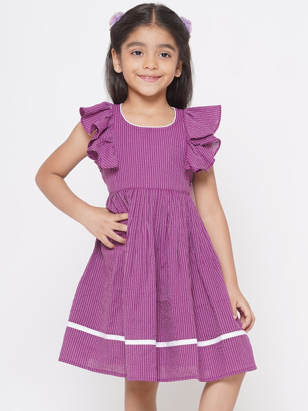 

Little Bansi Girls Striped Flutter Sleeve Tie-Ups Cotton Fit & Flare Dress, Purple