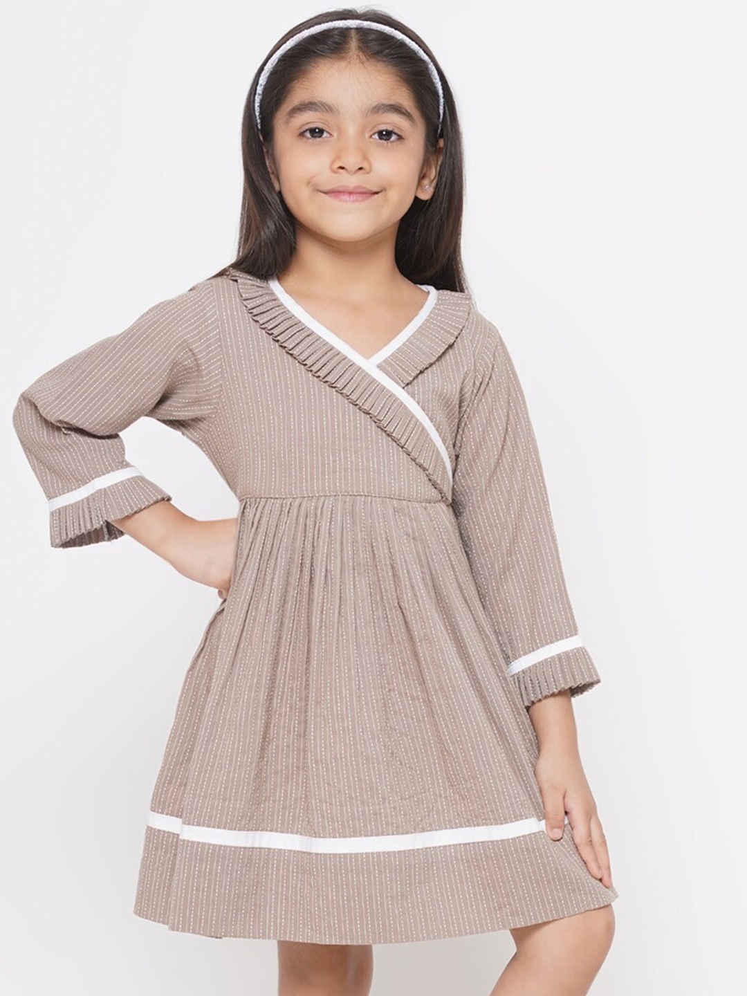 

Little Bansi Girls Striped Gathered Cotton Fit & Flare Dress, Purple