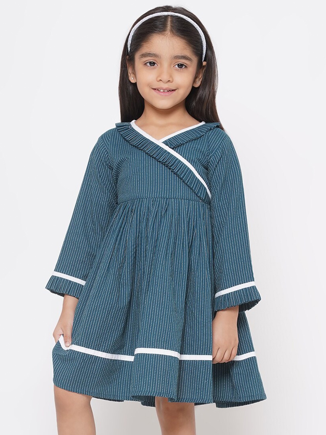 

Little Bansi Girls Striped V-Neck Ruffles detail Cotton Fit & Flare Dress, Blue