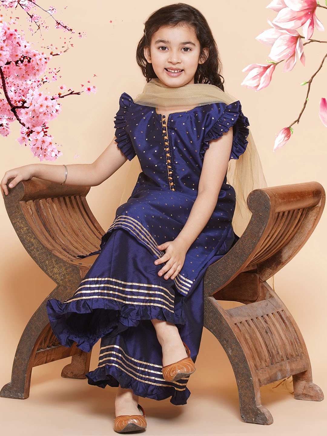 

Modish Couture Girls Mukaish Detail Pure Silk Kurta with Palazzos & With Dupatta, Navy blue