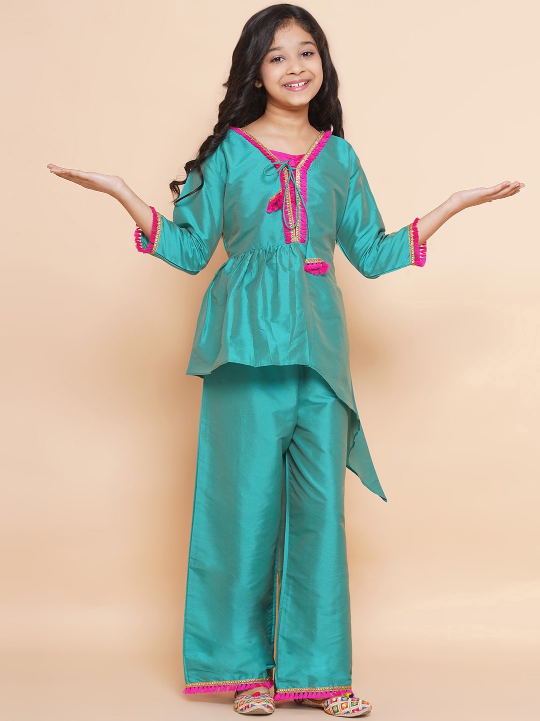 

Modish Couture Girls V-Neck A-Line Asymmetric Hemline Pure Silk Top with Palazzos, Green
