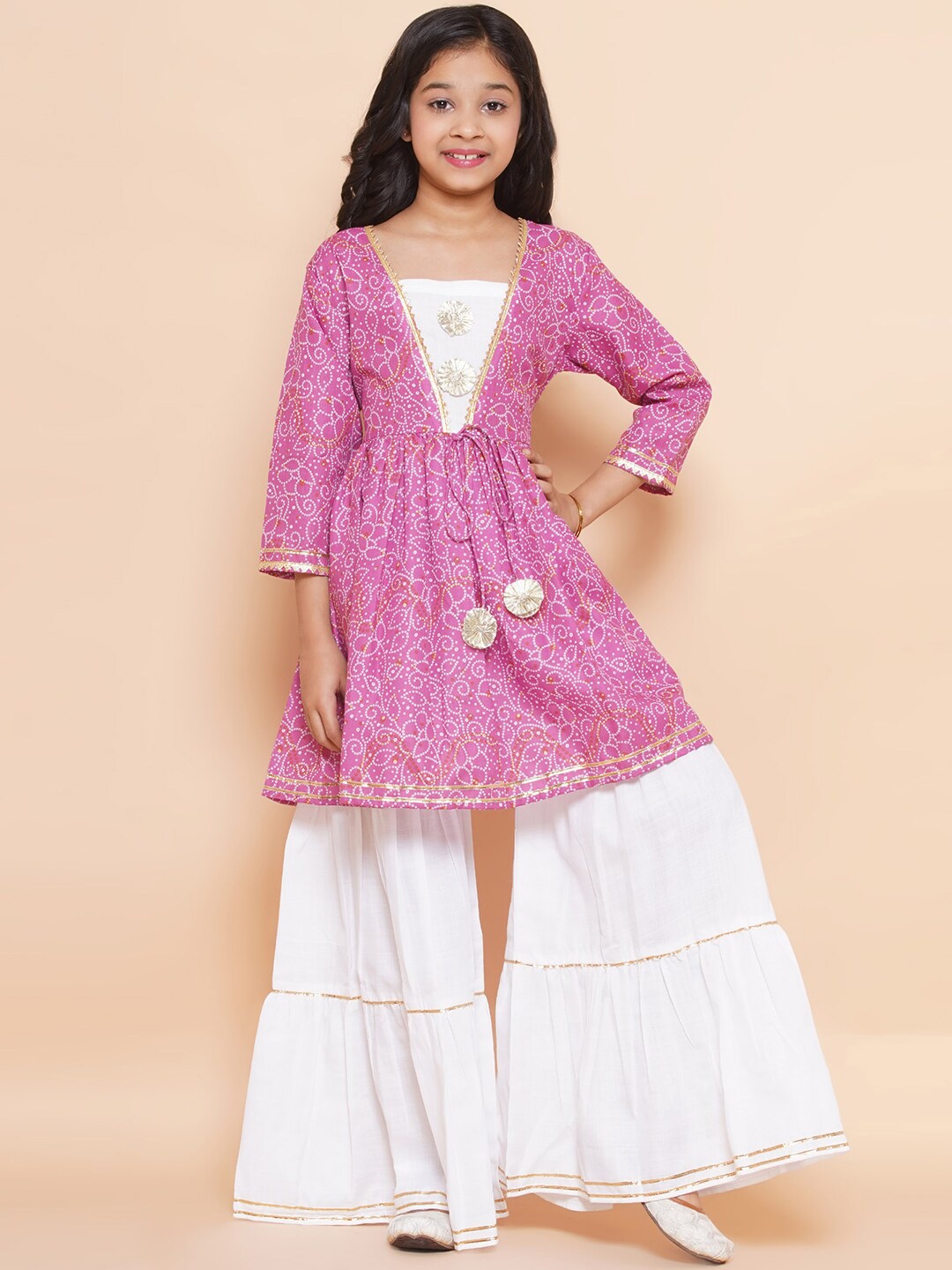 

Modish Couture Girls Bandhani Printed Gotta Patti A-line Pure Cotton Kurta with Sharara, Pink