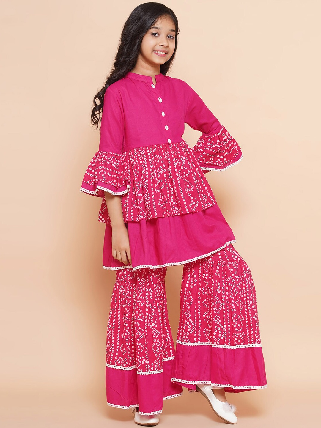 

Modish Couture Girls Bandhani Printed Pure Cotton Kurta with Sharara, Pink