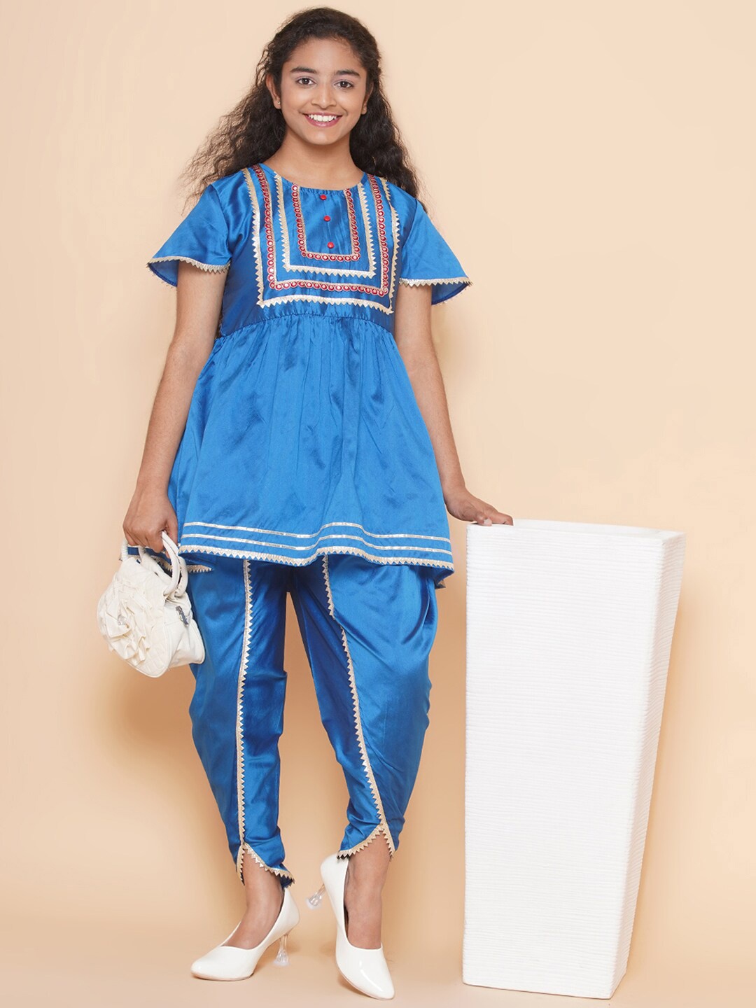 

Modish Couture Girls A-Line Flared Sleeves Gotta Patti Pure Silk Kurta with Dhoti Pants, Teal