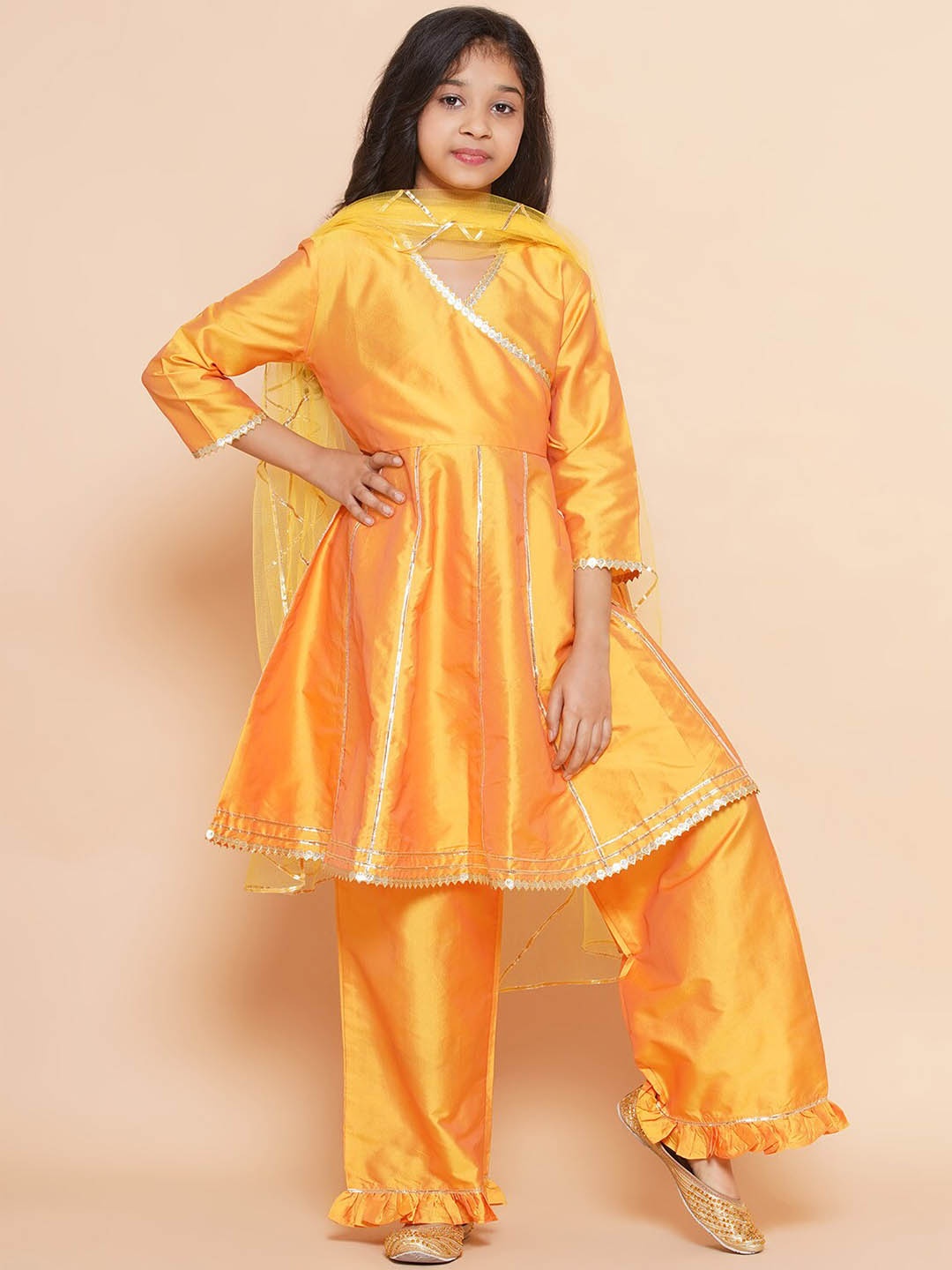 

Modish Couture Girls Angrakha Gotta Patti Pure Silk Kurti with Pyjamas & With Dupatta, Mustard