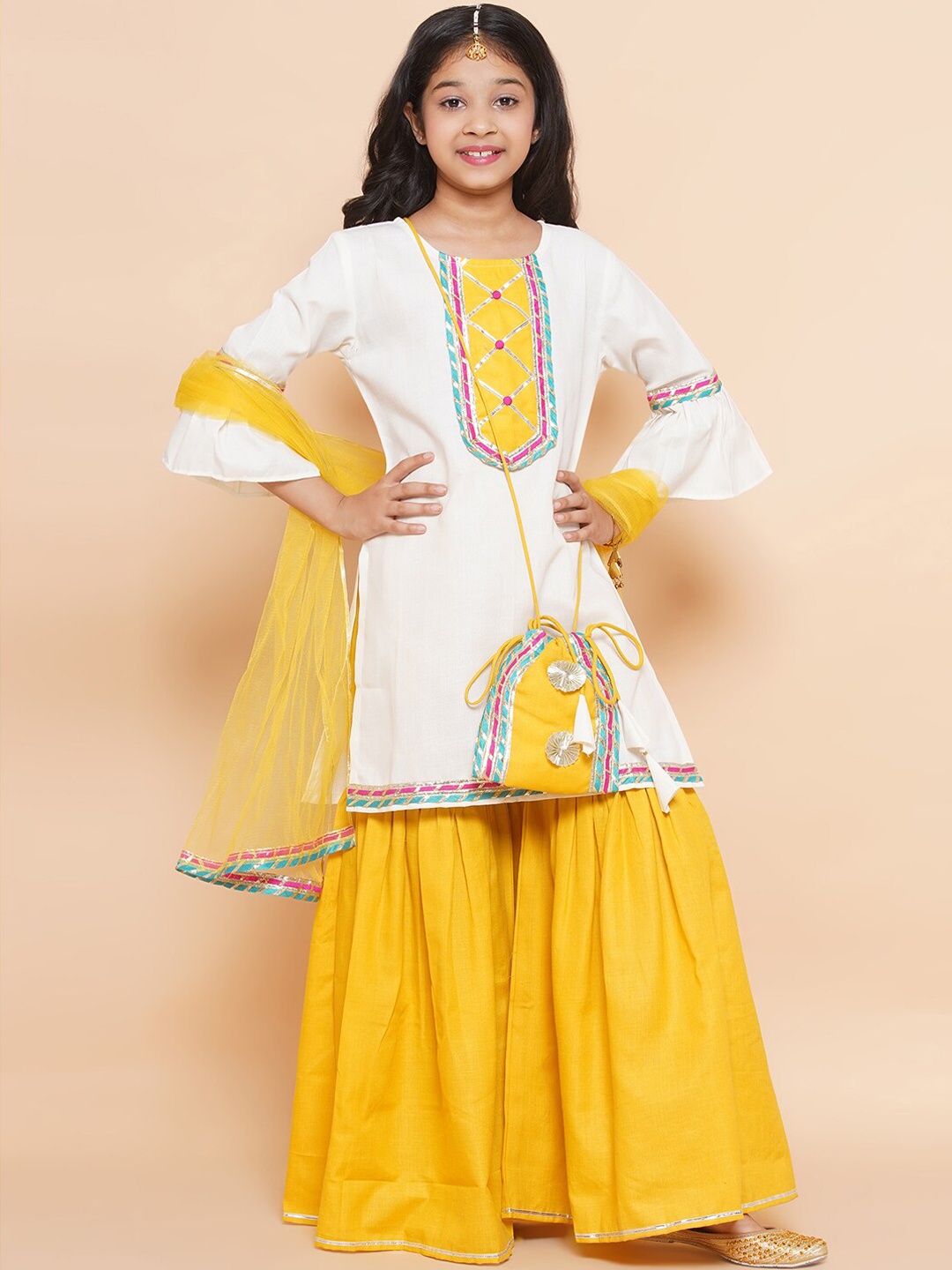 

Modish Couture Girls Gotta Patti Pure Cotton Kurta With Sharara & Dupatta, Off white