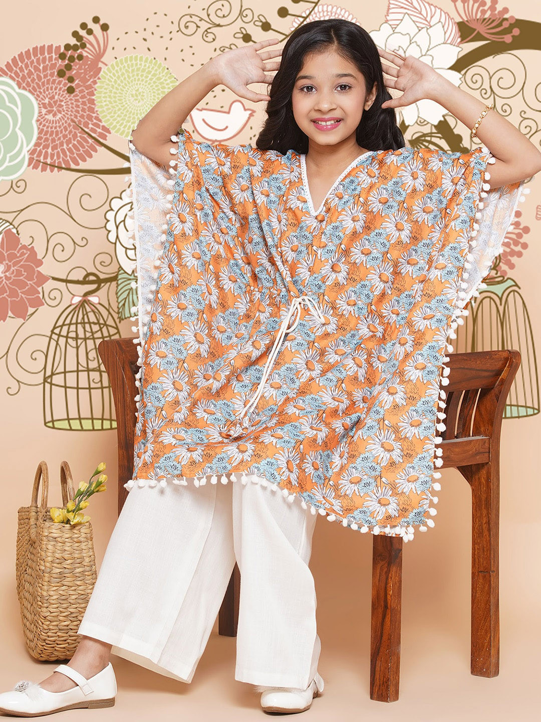 

Modish Couture Girls Floral Printed Kaftan Pure Cotton Top with Palazzos, Mustard