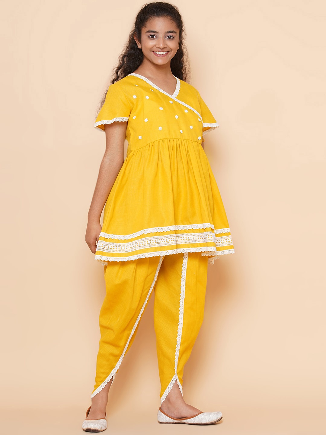 

Modish Couture Girls A-Line V-Neck Angrakha Pure Cotton Kurta with Dhoti Pants, Yellow