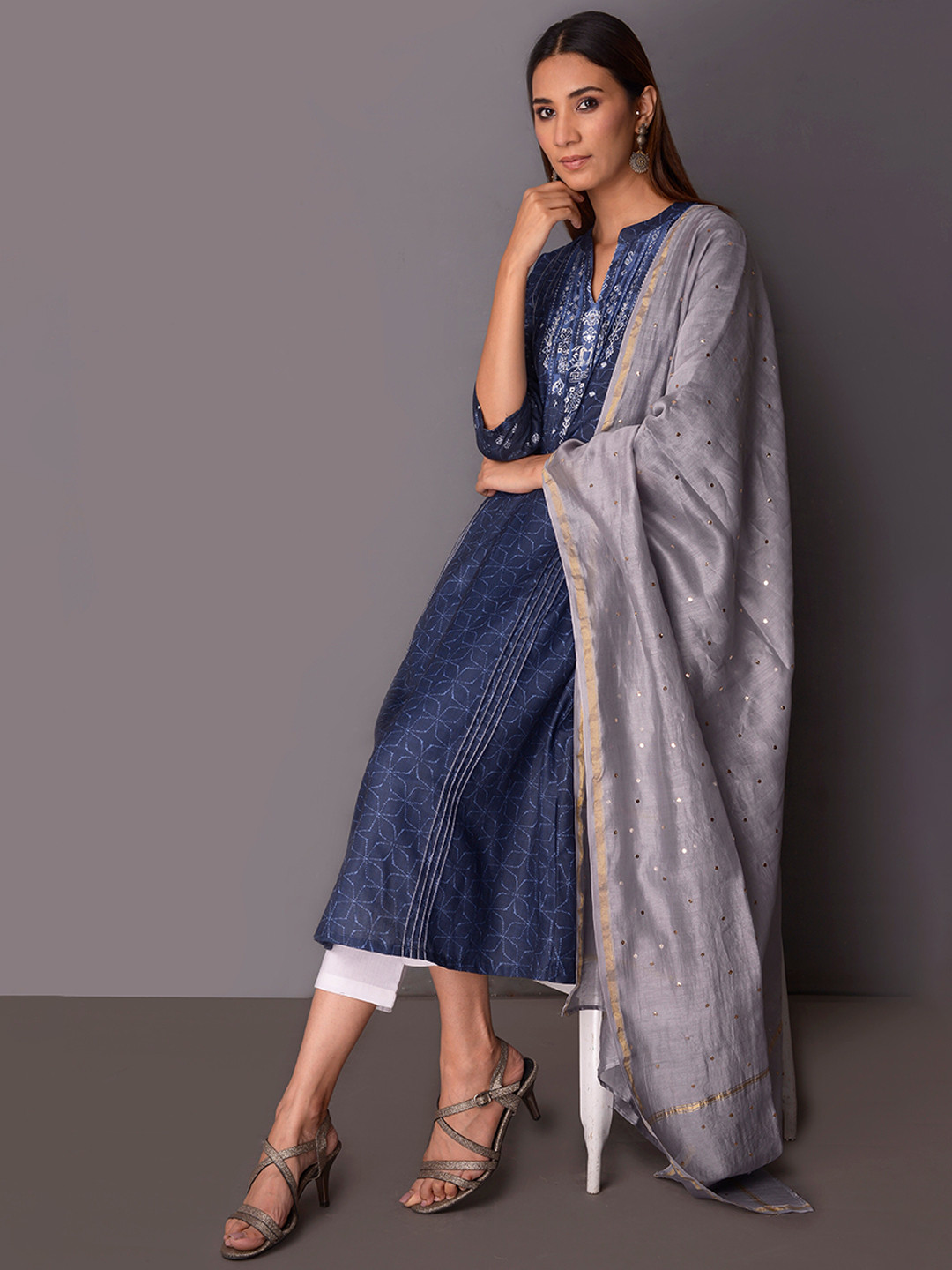 

PINKSKY Geometric Printed Mirror Work Indigo A-Line Kurta, Blue