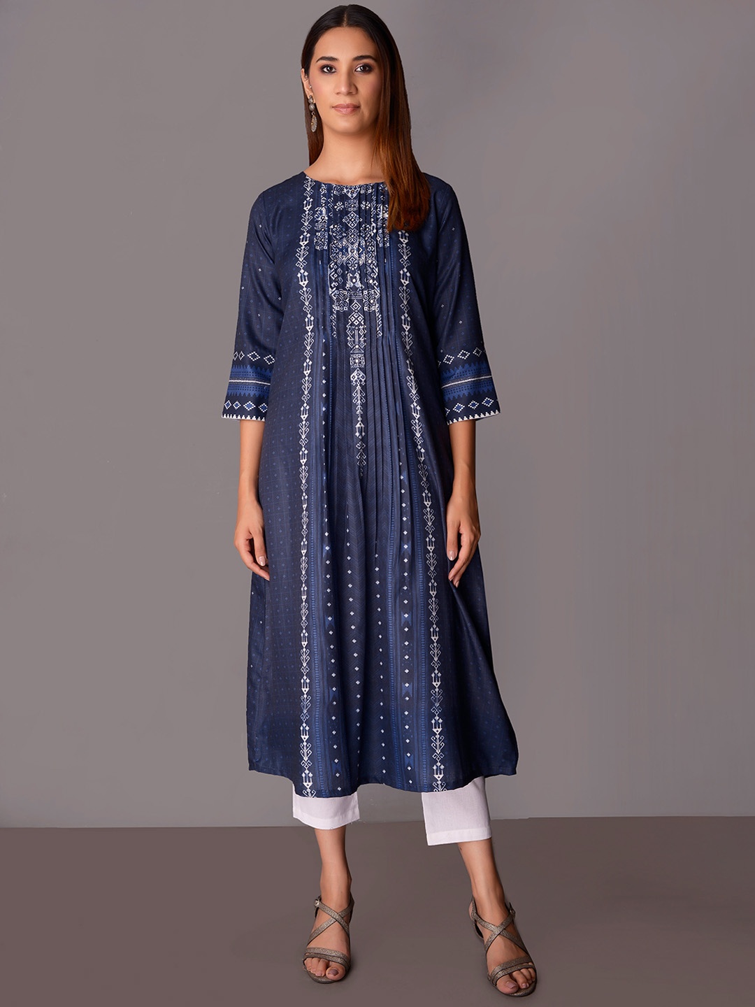 

PINKSKY Geometric Print Mirror Work Indigo A-Line Kurta, Blue