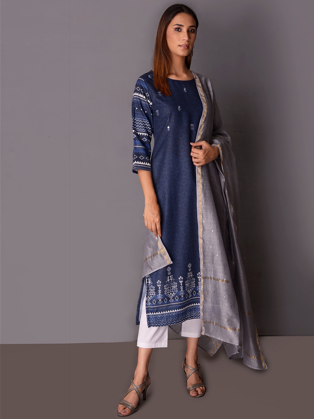 

PINKSKY Geometric Printed Indigo Anarkali Kurta, Blue