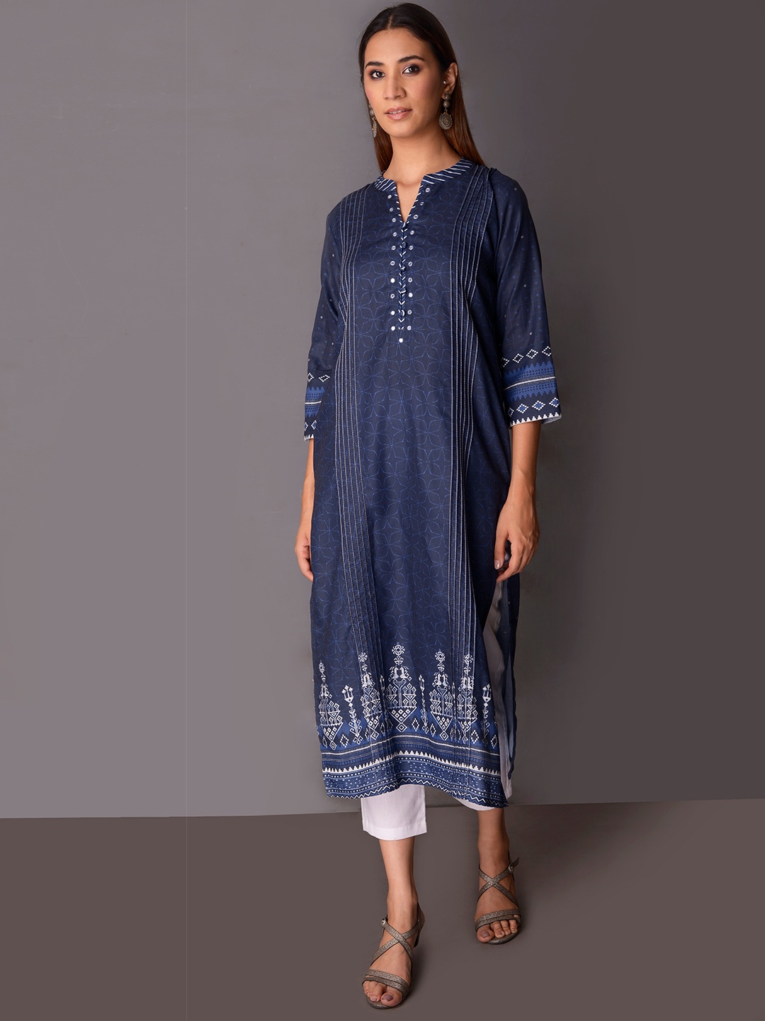 

PINKSKY Geometric Mirror Work Indigo Anarkali Kurta, Blue