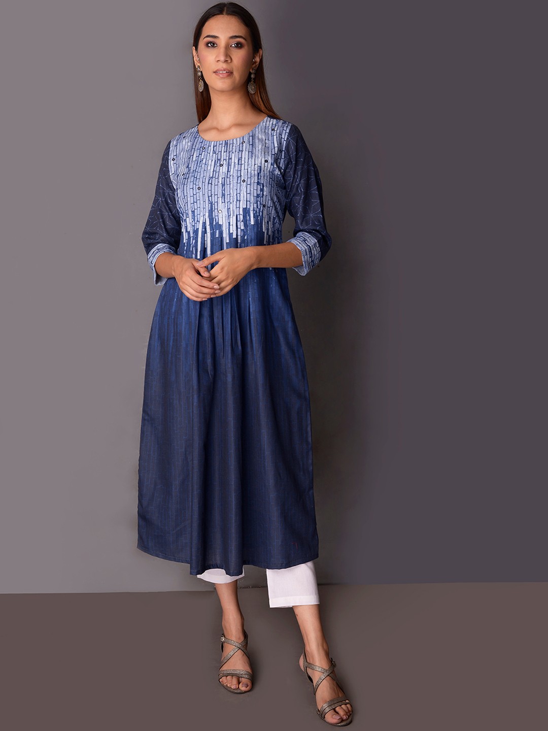 

PINKSKY Geometric Mirror Work Indigo Anarkali Kurta, Blue