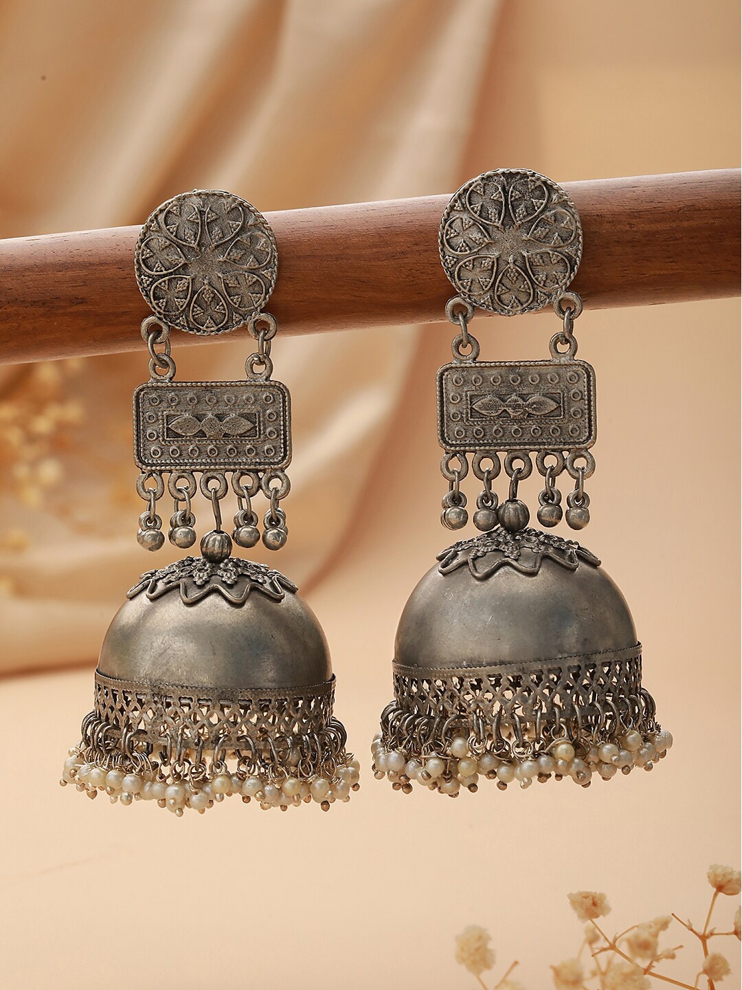 

Jazz and Sizzle Silver-Plated Oxidised Dome Shaped Jhumkas