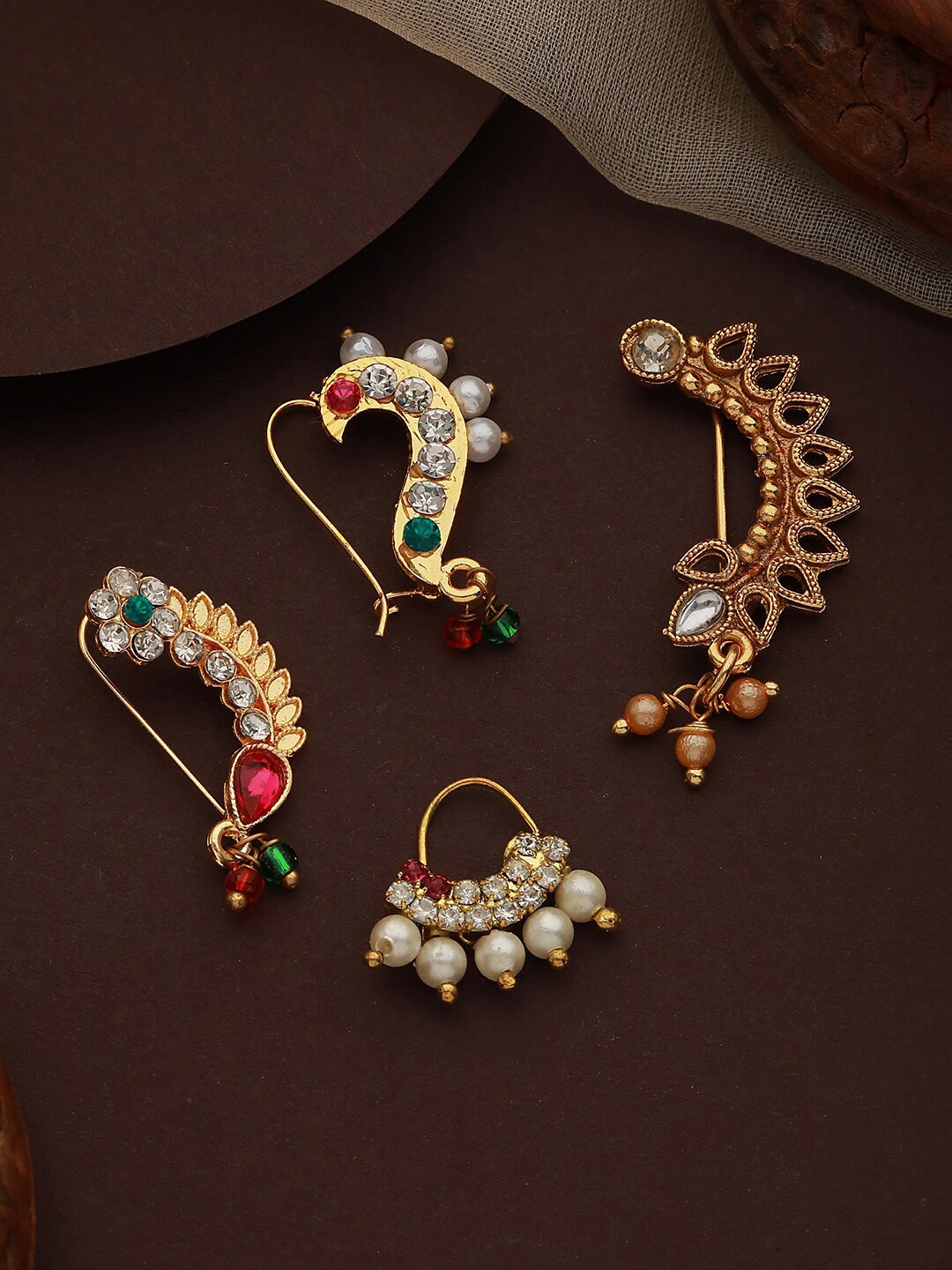 

Jazz and Sizzle Set Of 4 Gold-Plated Stone-Studded & Beaded Nosepin