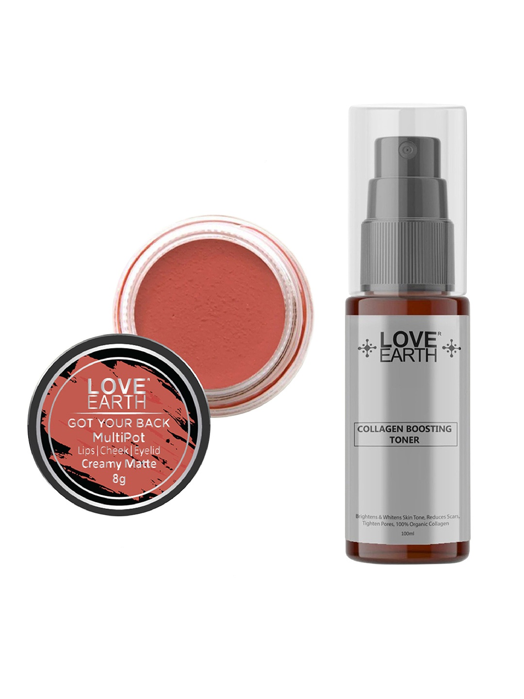 

LOVE EARTH Multipot Lip-Cheek-Eyelid Tint 8g & Collagen Boosting Toner 100ml, Peach