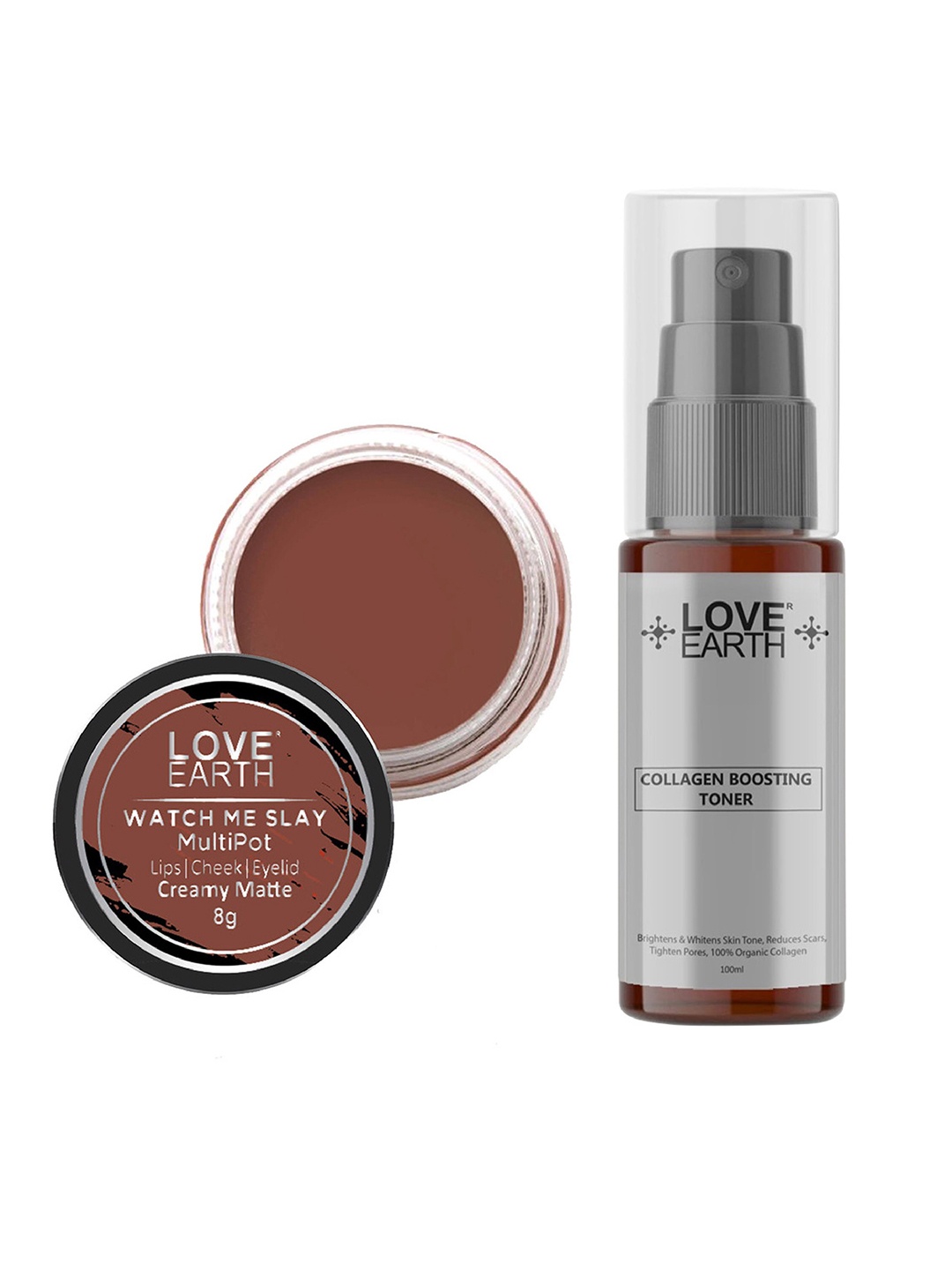

LOVE EARTH Multipot Lip-Cheek-Eyelid Tint 8g & Collagen Boosting Toner 100ml, Brown