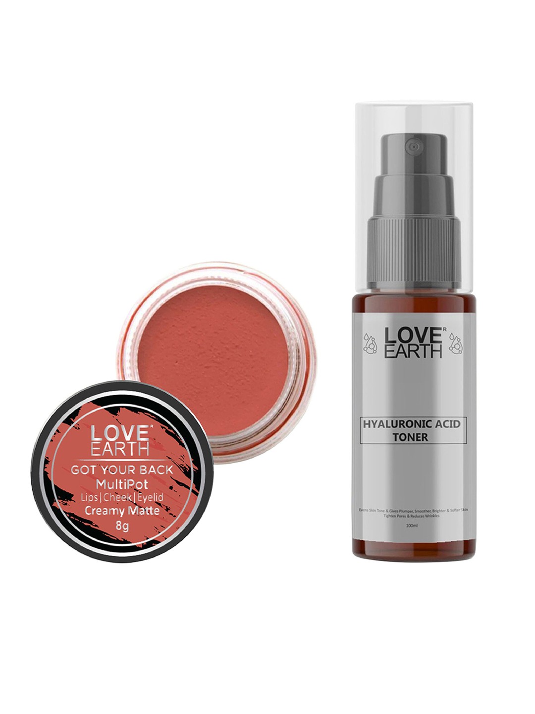 

LOVE EARTH Multipot Lip-Cheek-Eyelid Tint 8g & Hyaluronic Acid Toner 100ml, Peach