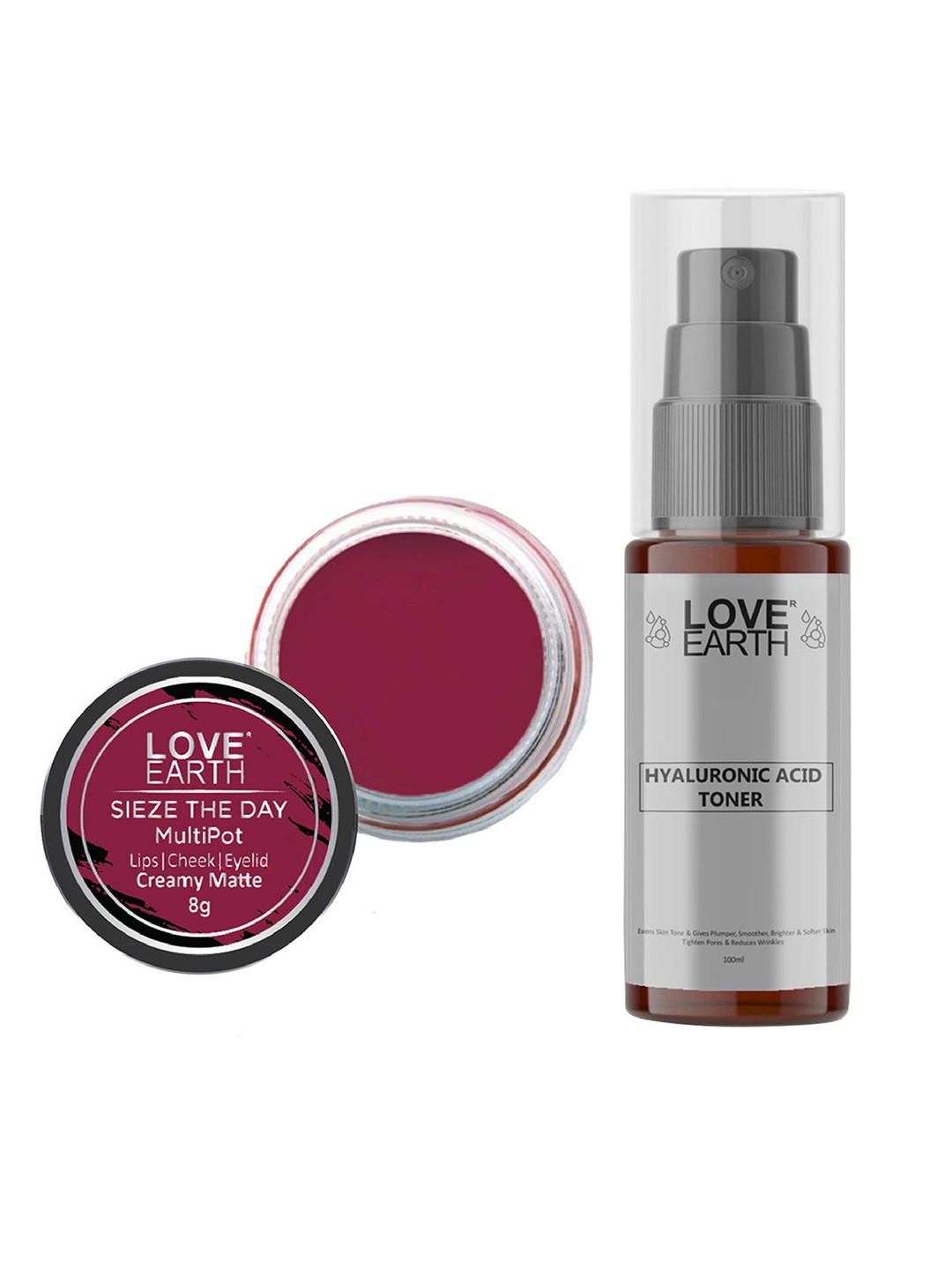 

LOVE EARTH Multipot Lip-Cheek-Eyelid Tint 8g & Hyaluronic Acid Toner 100ml, Burgundy
