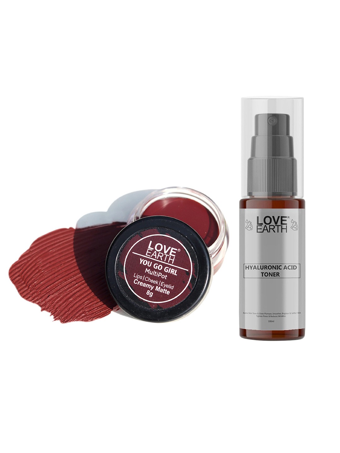 

LOVE EARTH Multipot Lip-Cheek-Eyelid Tint 8g & Hyaluronic Acid Toner 100ml, Brown