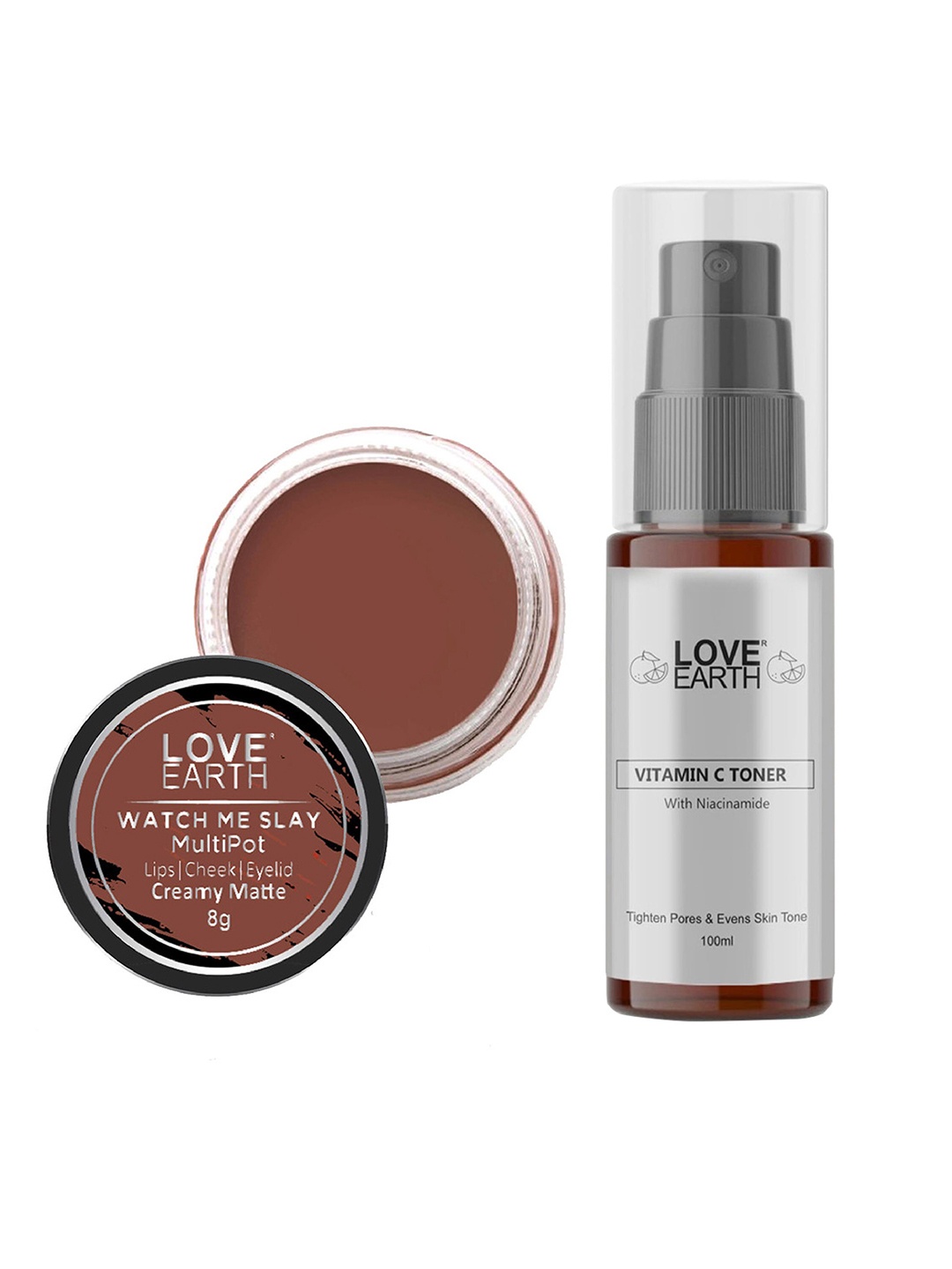 

LOVE EARTH Multipot Lip-Cheek-Eyelid Tint 8g & Vitamin C Toner 100ml, Brown