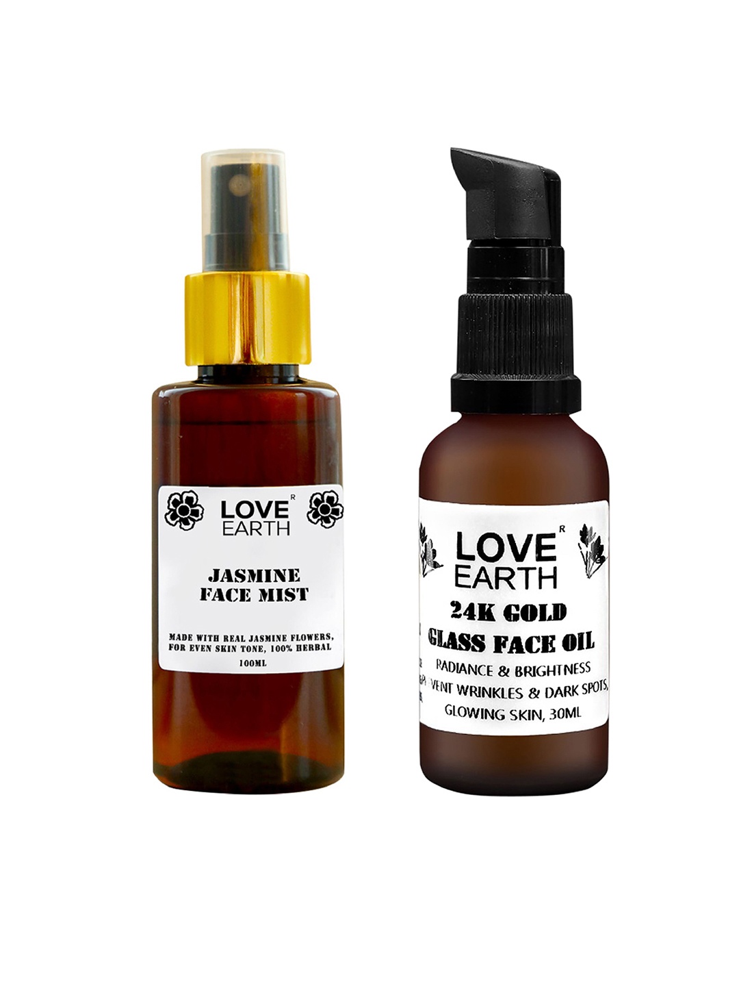 

LOVE EARTH 24K Gold Glass Face Oil 30ml & Jasmine Face Mist Toner 100ml, White