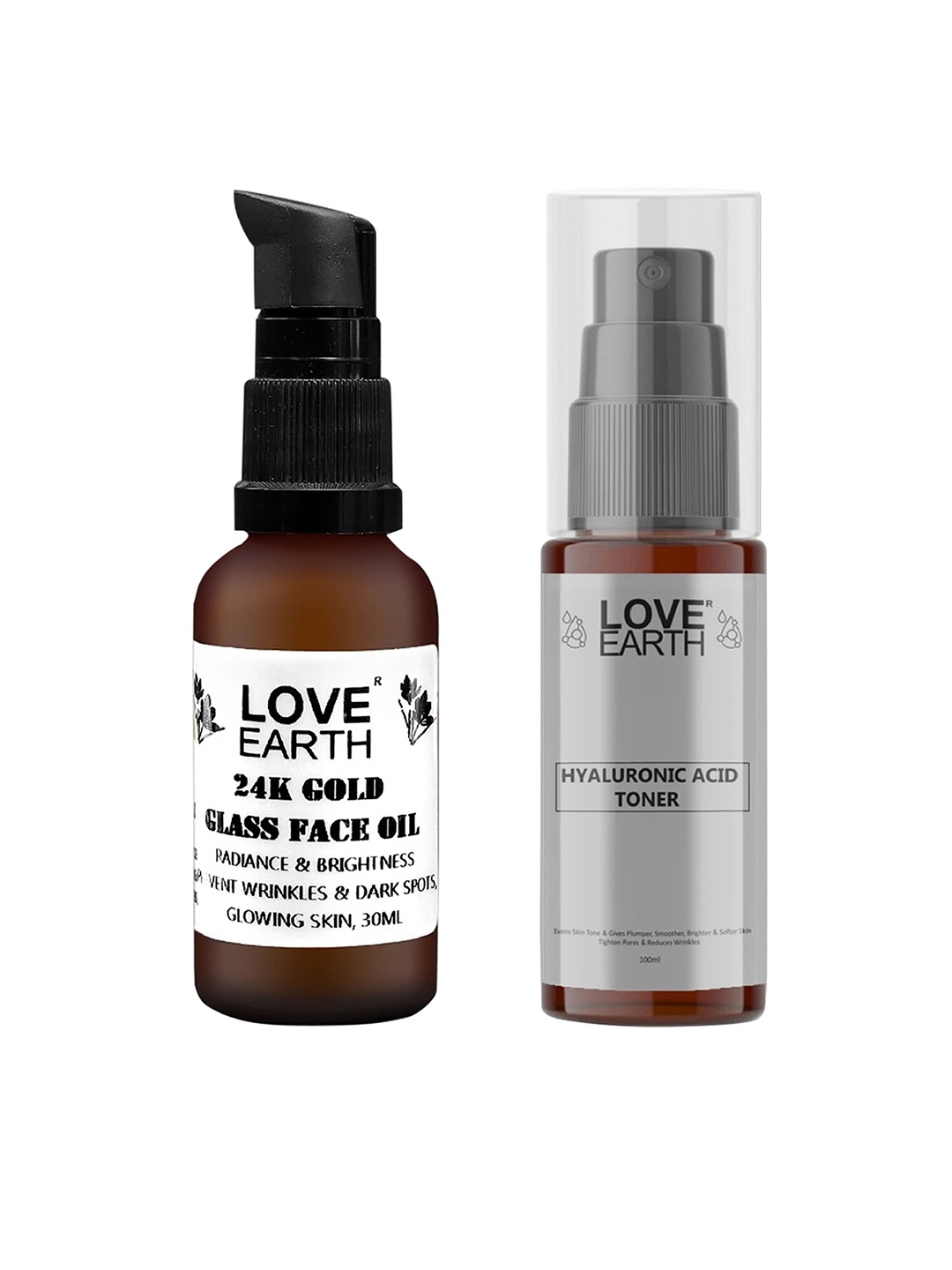 LOVE EARTH 24K Gold Glass Face Oil 30ml & Hyaluronic Acid Toner 100ml, White