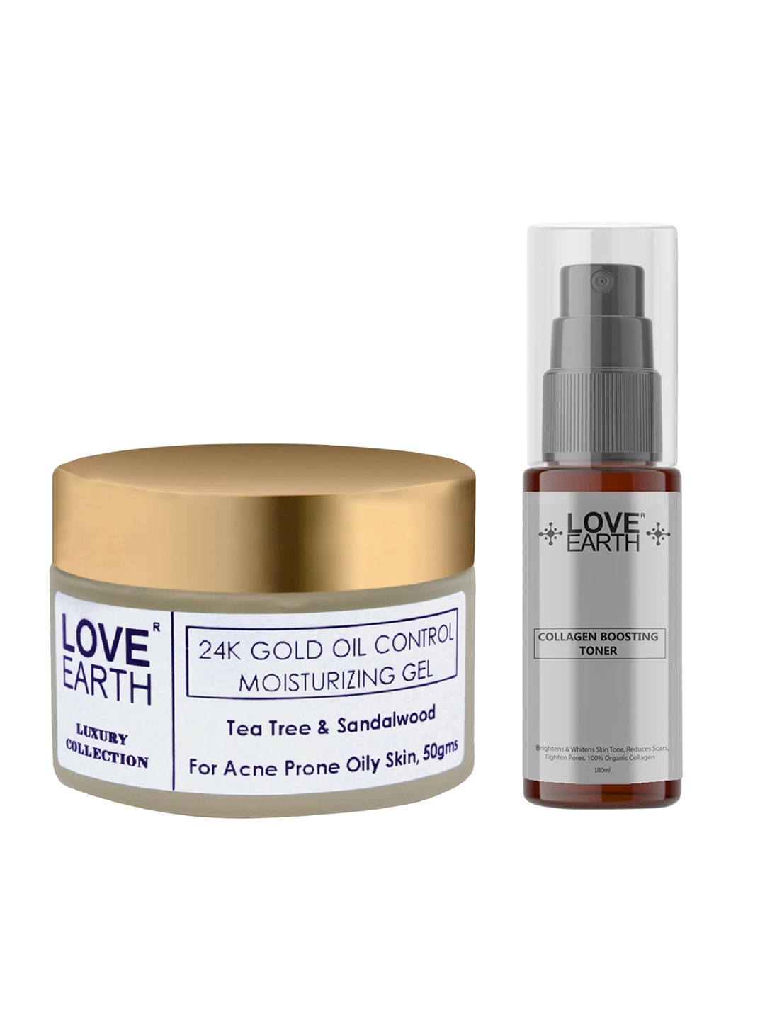 

LOVE EARTH 24K Gold Oil Control Gel 50g & Collagen Boosting Toner 100ml, Off white
