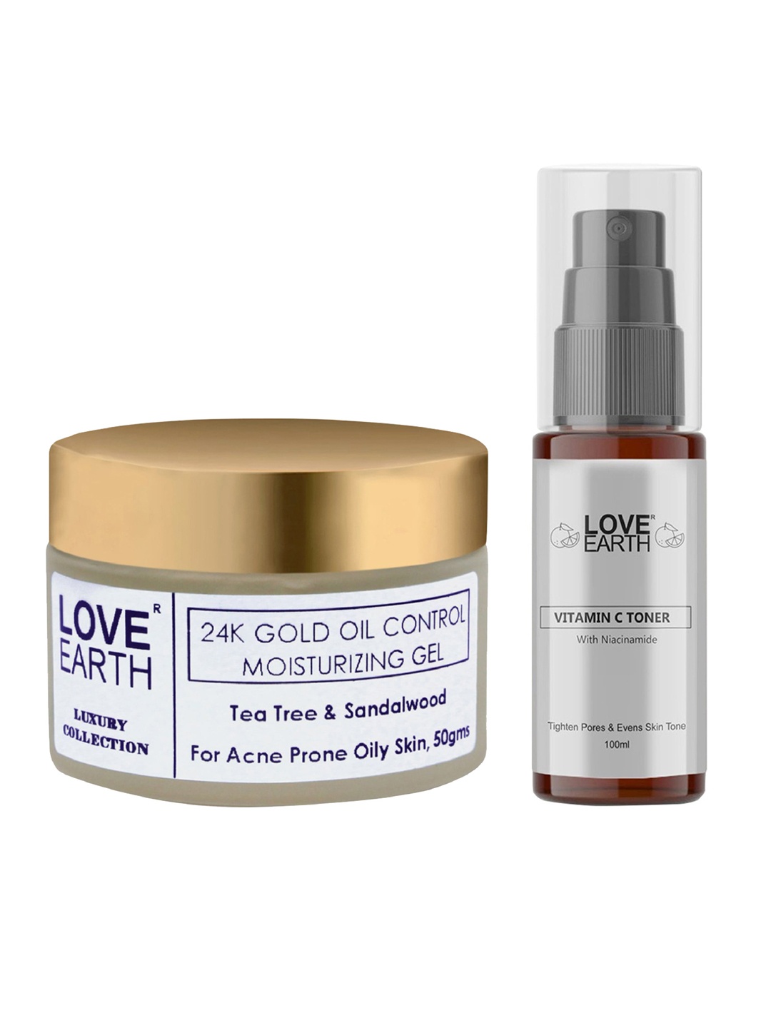 

LOVE EARTH 24K Gold Oil Control Gel 50g & Vitamin C Toner 100ml, Off white