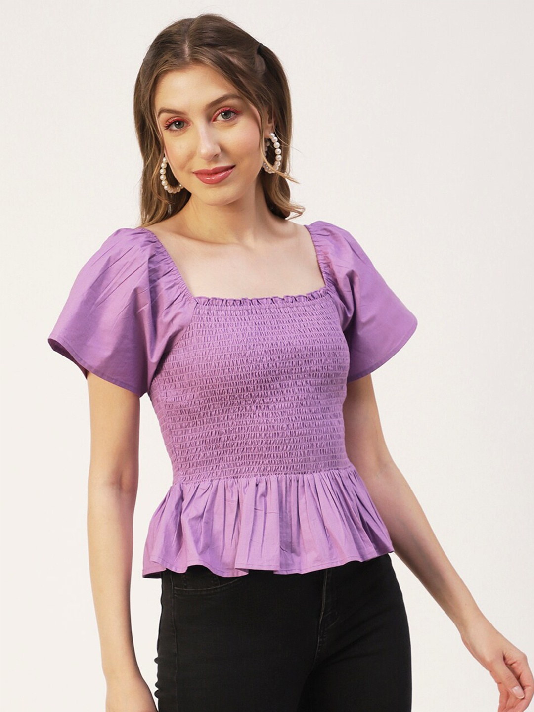 

Moomaya Smocked Detail Puff Sleeves Cotton Peplum Top, Purple