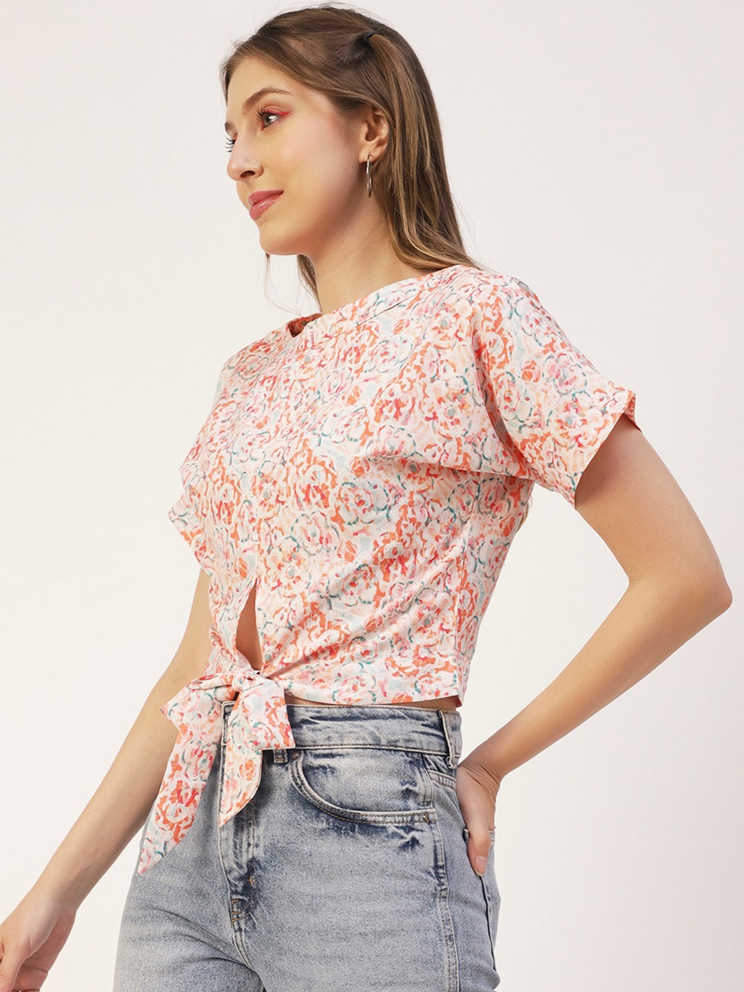 

Moomaya Floral Printed Extended Sleeves Waist Tie-Up Detail Top, Orange