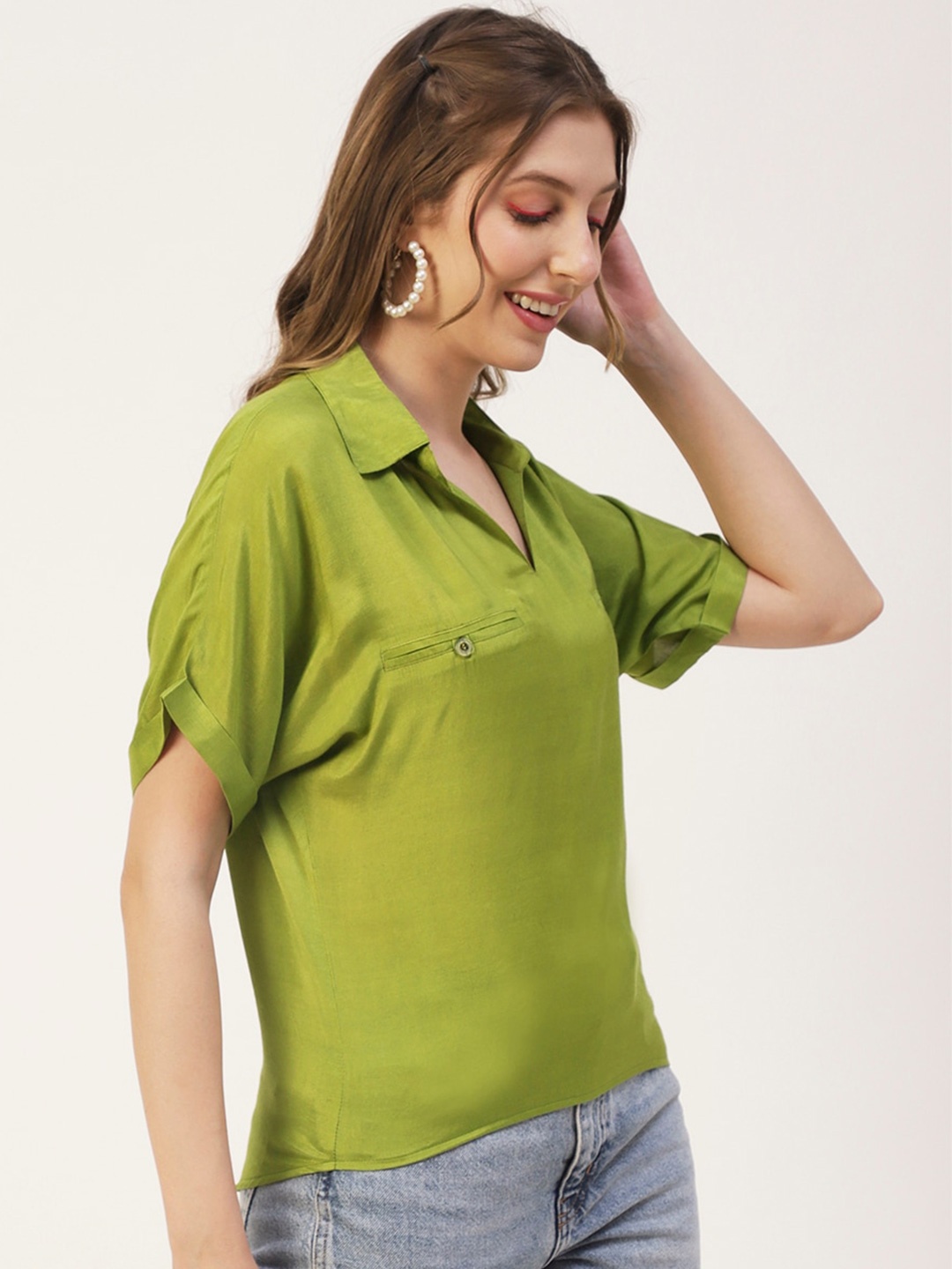 

Moomaya Extended Sleeves Shirt Style Modal Top, Green