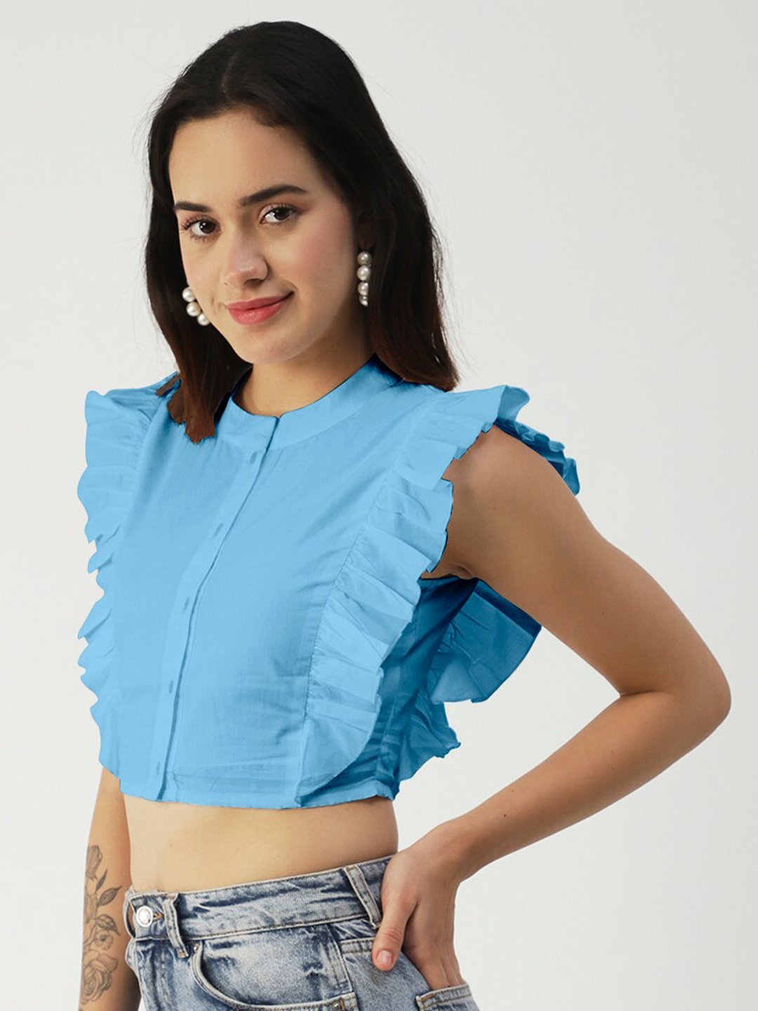 

Moomaya Mandarin Collar Flutter Sleeves Cotton Shirt Style Crop Top, Blue