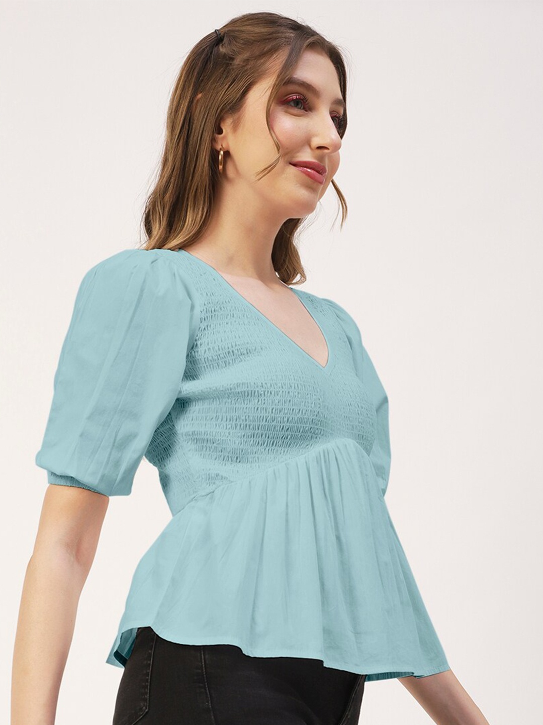 

Moomaya Smocked Puff Sleeve Cotton Empire Top, Blue