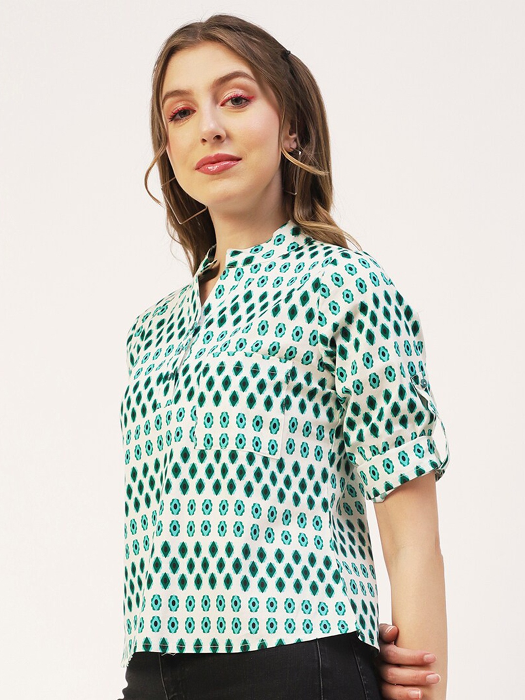 

Moomaya Geometric Printed Roll-Up Sleeves Cotton Shirt Style Top, White