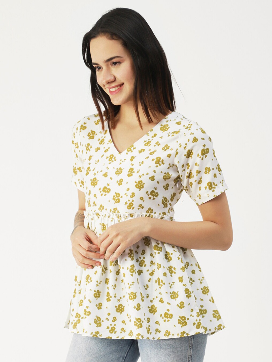 

Moomaya Floral Printed V-Neck Gathered or Pleated Peplum Top, White