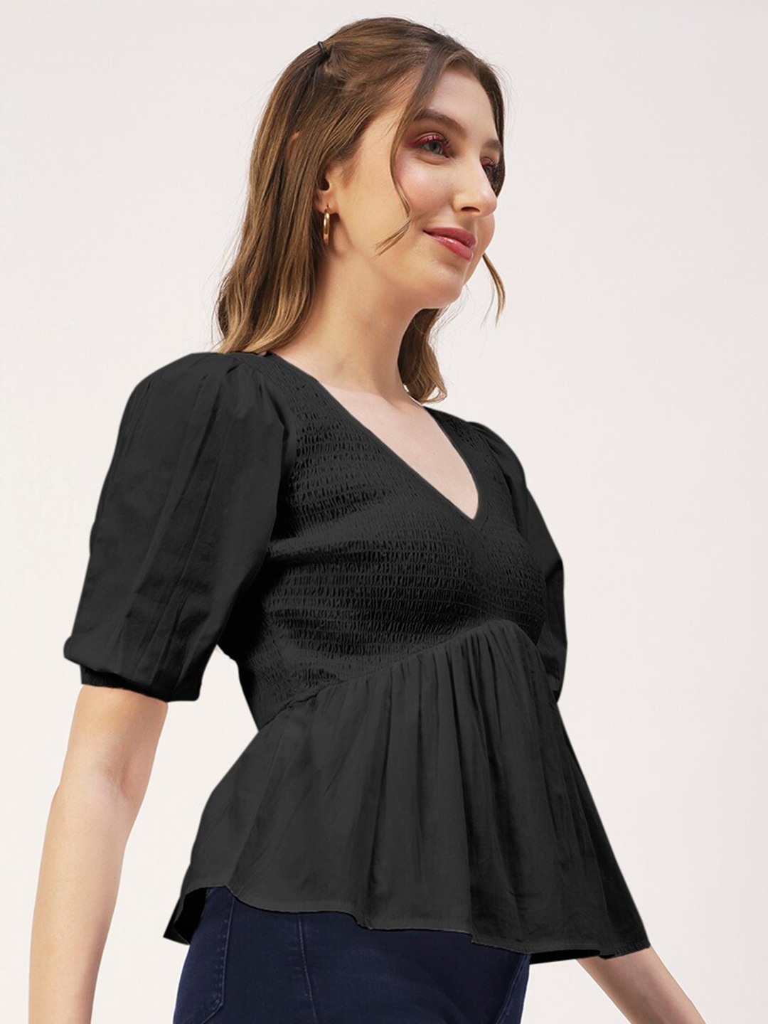 

Moomaya Puff Sleeve Cotton Peplum Top, Black