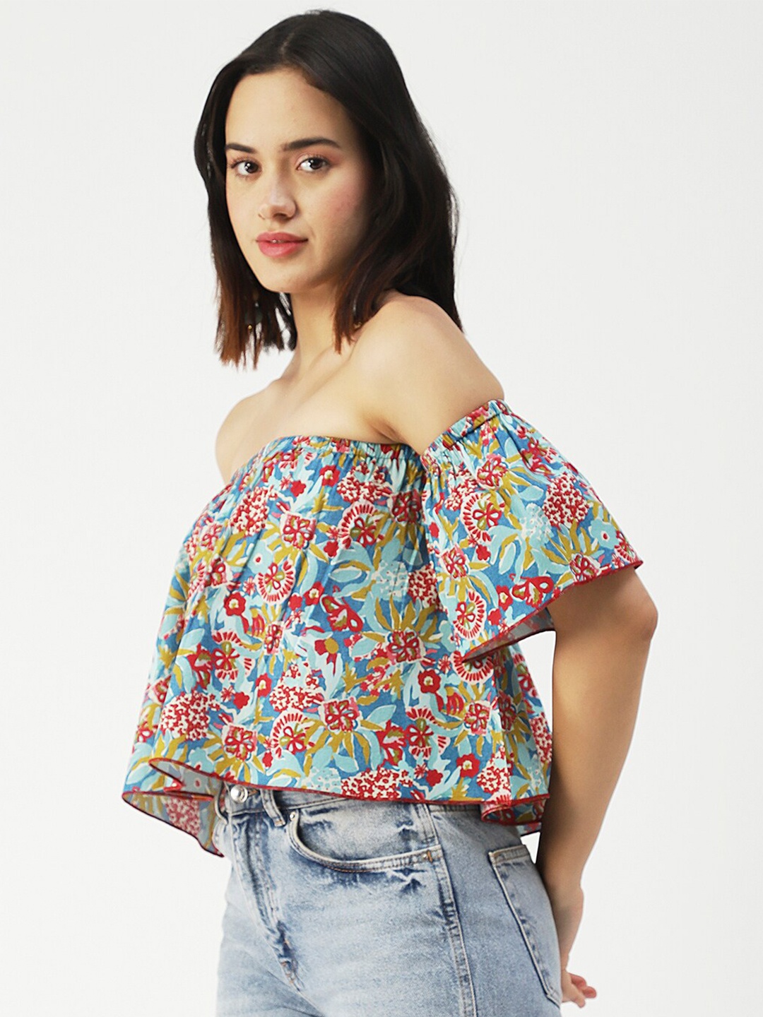 

Moomaya Floral Printed Off-Shoulder Flared Sleeve Cotton Bardot Crop Top, Blue