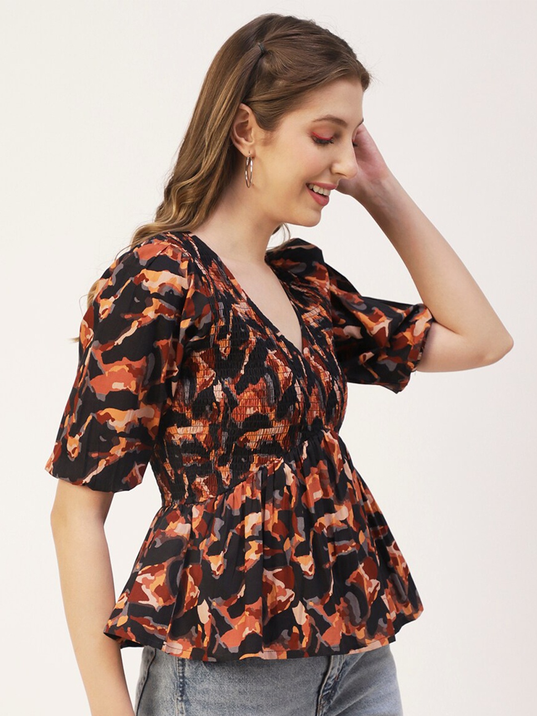 

Moomaya Floral Printed Cotton Peplum Top, Black