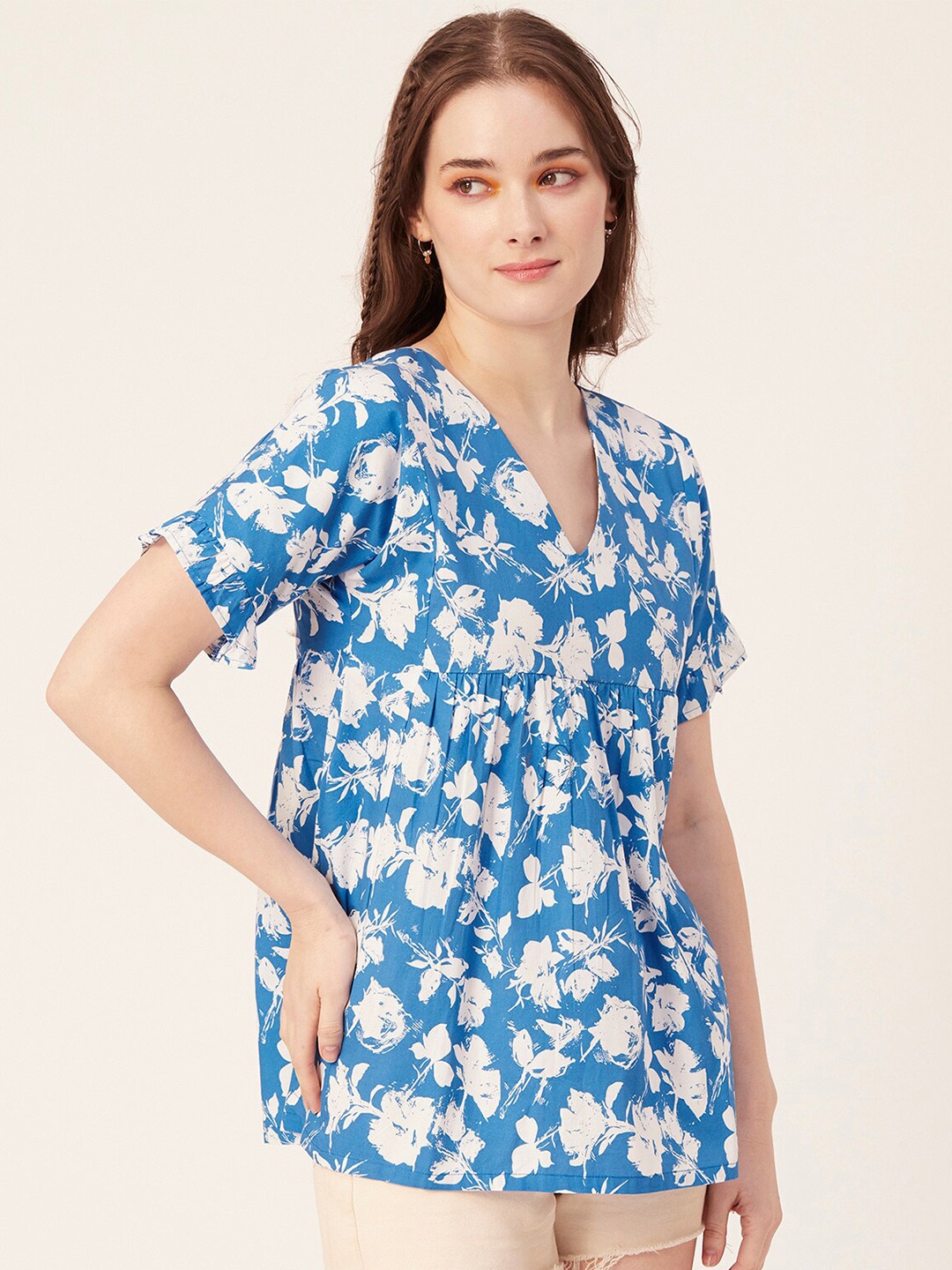 

Moomaya Floral Print Cotton Empire Top, Blue