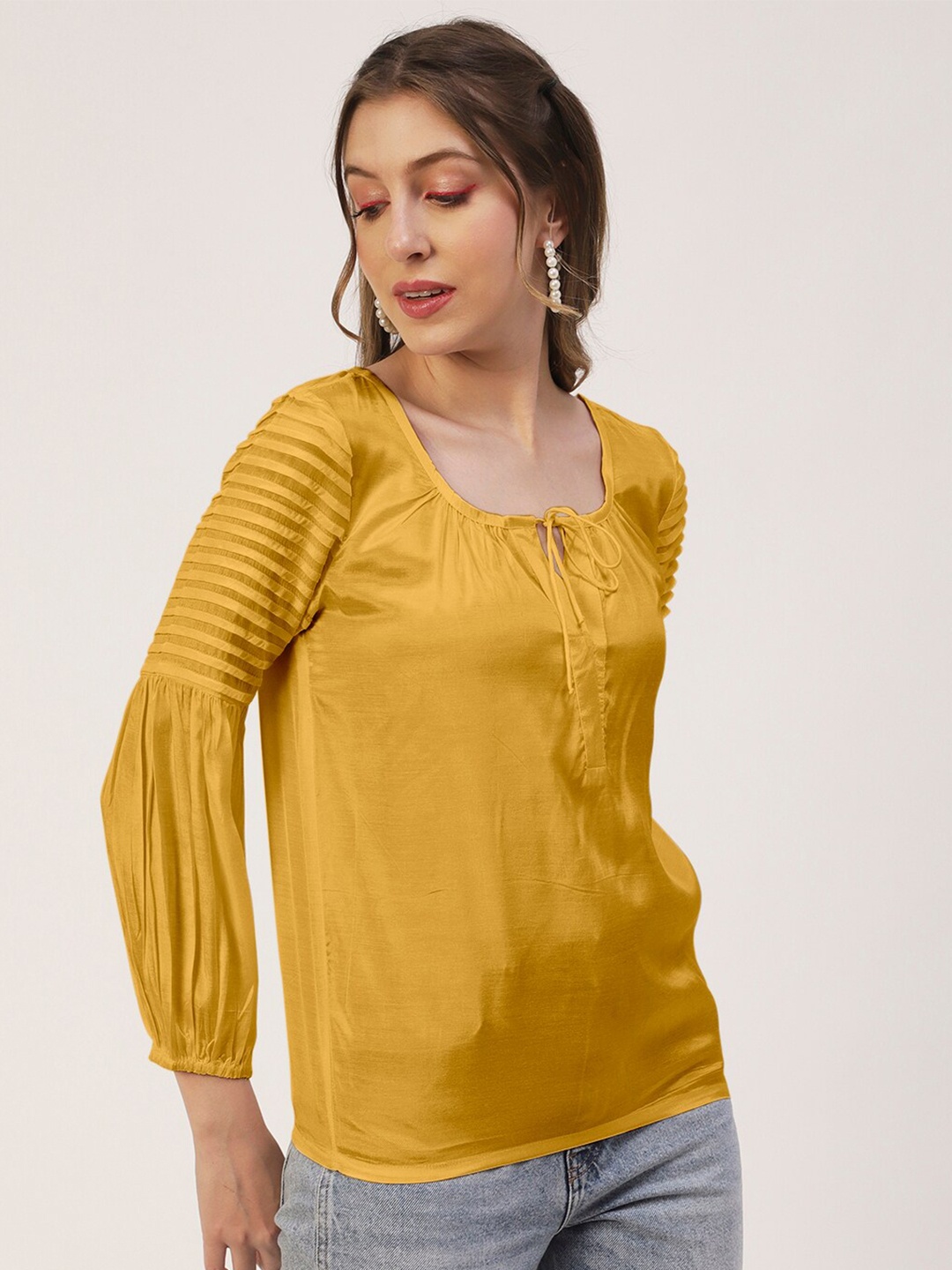 

Moomaya Tie-Up Neck Cuff Sleeve Top, Yellow