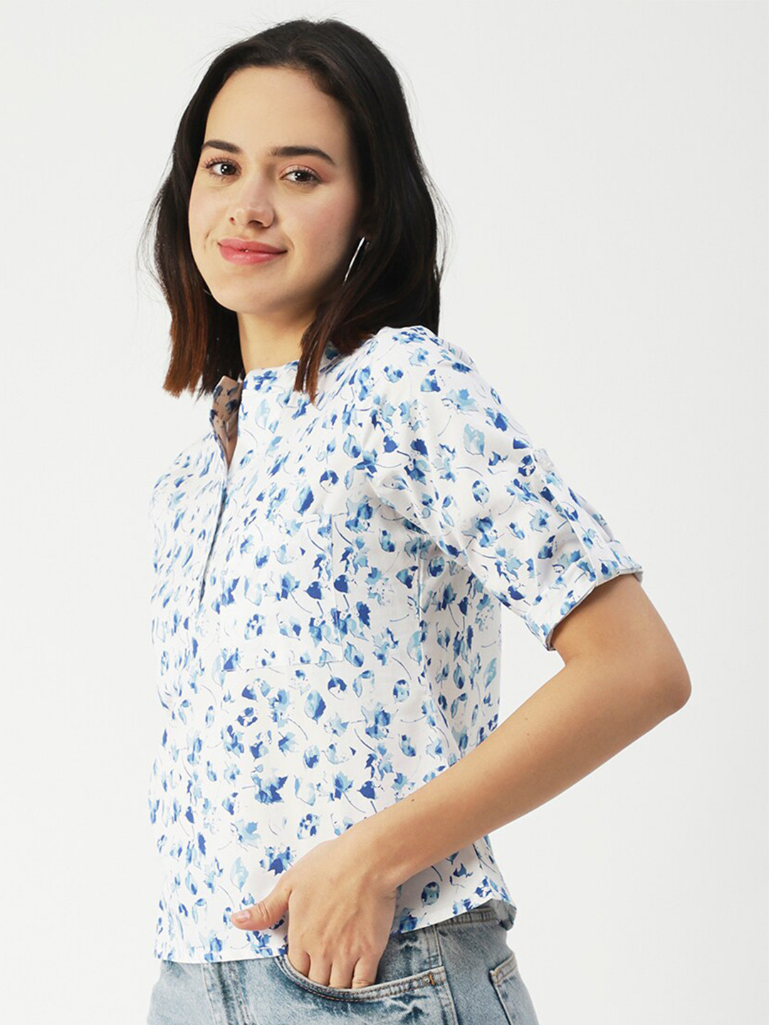 

Moomaya Floral Print Cotton Shirt Style Top, White